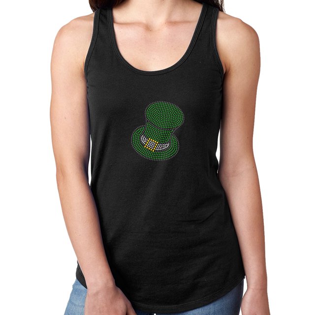 Womens T-Shirt Rhinestone Bling Black Tee Irish Green Hat St. Patrick Tank Racer Back Large