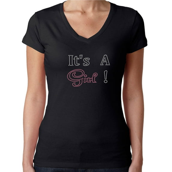 Womens T-Shirt Rhinestone Bling Black Tee It's a Girl Pink Sparkle V-Neck X-Large