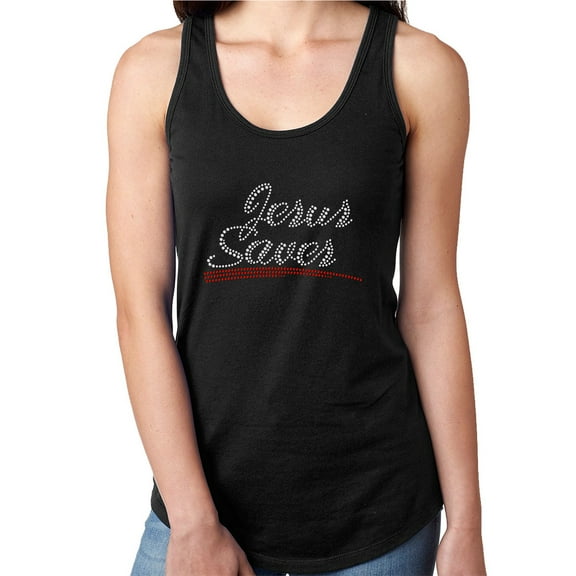 Womens T-Shirt Rhinestone Bling Black Tee Jesus Saves Sparkle White Tank Racer Back Large