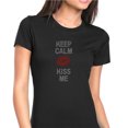 thumbnail image 1 of Womens T-Shirt Rhinestone Bling Black Tee Keep Calm Kiss Me Red Lips Crew Neck Medium, 1 of 2