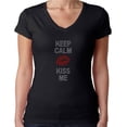 thumbnail image 1 of Womens T-Shirt Rhinestone Bling Black Tee Keep Calm Kiss Me Red Lips V-Neck XX-Large, 1 of 2