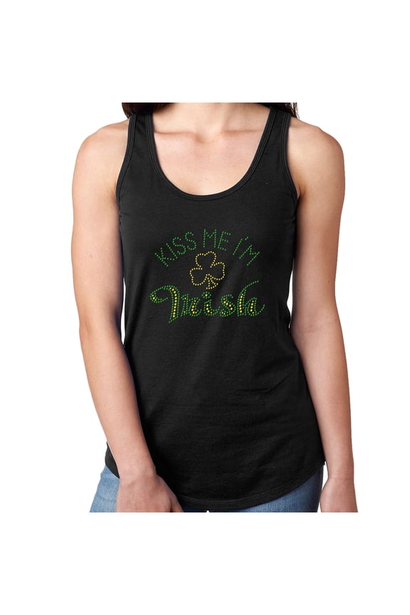 Womens T-Shirt Rhinestone Bling Black Tee Kiss Me I'm Irish Tank Racer Back Small