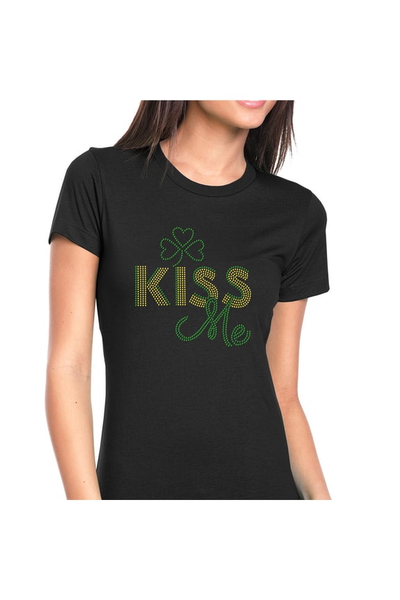 Womens T-Shirt Rhinestone Bling Black Tee Kiss Me Ireland I'm Irish Crew Neck Medium