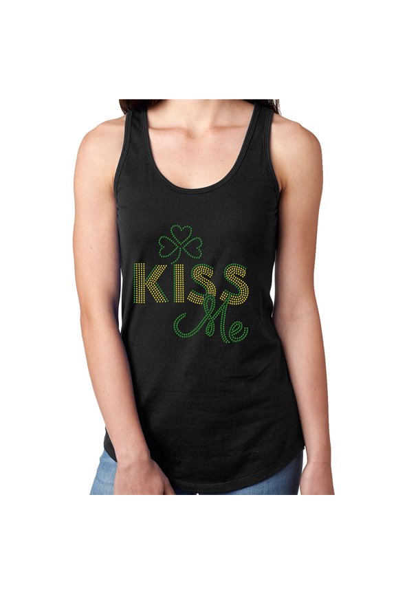 Womens T-Shirt Rhinestone Bling Black Tee Kiss Me Ireland I'm Irish Tank Racer Back Medium
