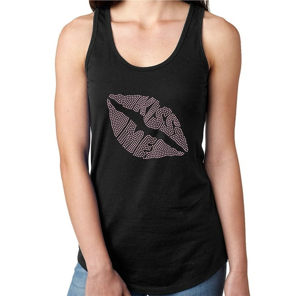 Womens T-Shirt Rhinestone Bling Black Tee Kiss Me Lips Shape Love Pink Tank Racer Back Small