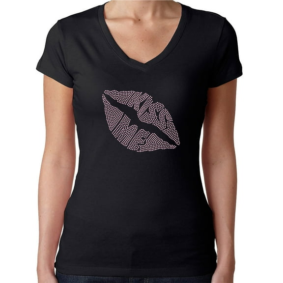 Womens T-Shirt Rhinestone Bling Black Tee Kiss Me Lips Shape Love Pink V-Neck X-Large
