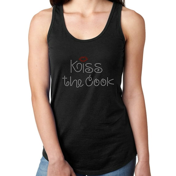 Womens T-Shirt Rhinestone Bling Black Tee Kiss The Cook Red Lips Tank Racer Back X-Large
