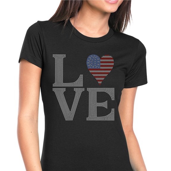 Womens T-Shirt Rhinestone Bling Black Tee LOVE USA Flag 4th of July Crew Neck Medium