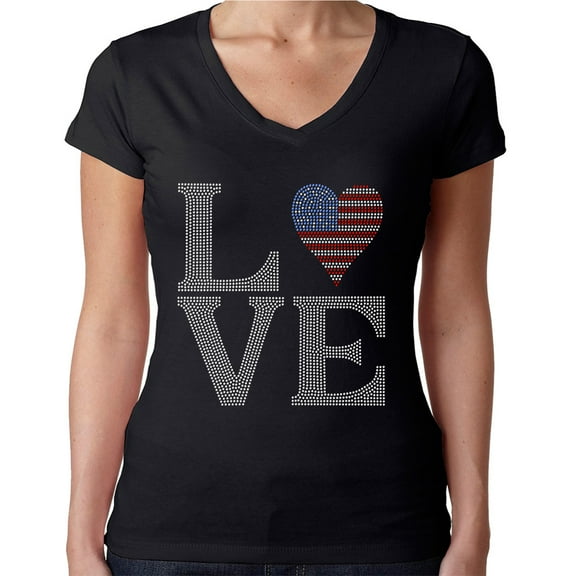 Womens T-Shirt Rhinestone Bling Black Tee LOVE USA Flag 4th of July V-Neck Large