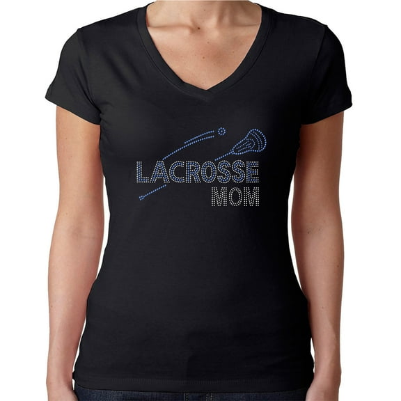 Womens T-Shirt Rhinestone Bling Black Tee Lacrosse Sport Mom Sparkle V-Neck Medium