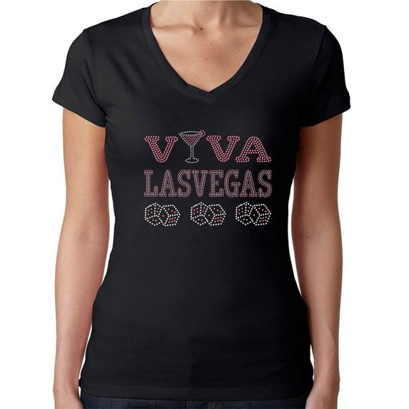 Womens T-Shirt Rhinestone Bling Black Tee Las Vegas Dice Pink V-Neck Small