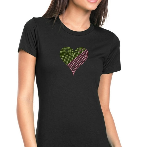 Womens T-Shirt Rhinestone Bling Black Tee Light Green Pink Heart Love Crew Neck XX-Large