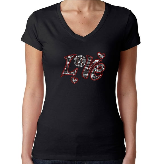 Womens T-Shirt Rhinestone Bling Black Tee Love Baseball Ball Sparkle V-Neck Medium