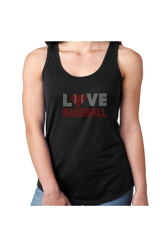 Womens T-Shirt Rhinestone Bling Black Tee Love Baseball Red Heart Ball Tank Racer Back Large