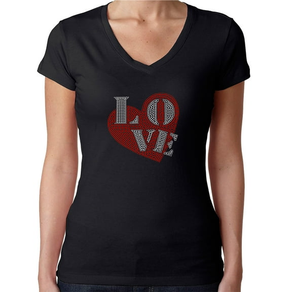 Womens T-Shirt Rhinestone Bling Black Tee Love Heart Red Valentine V-Neck Small
