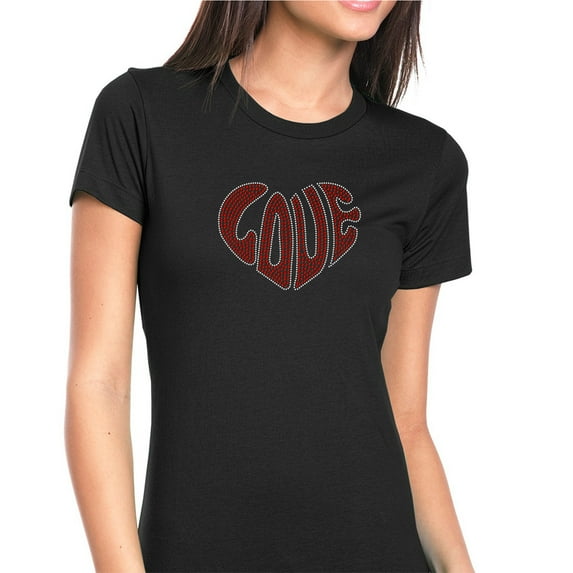 Womens T-Shirt Rhinestone Bling Black Tee Love Heart Shape Red Sparkle Crew Neck Large