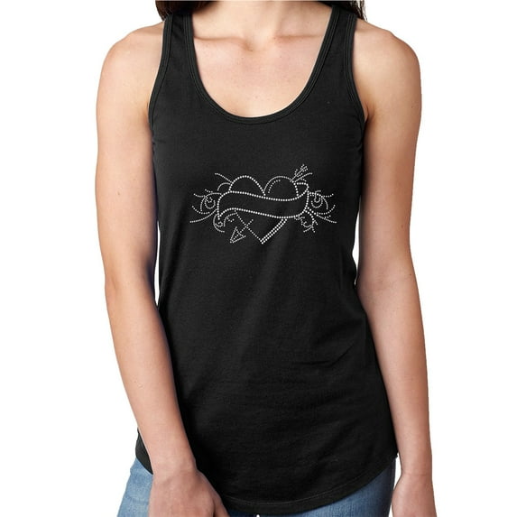 Womens T-Shirt Rhinestone Bling Black Tee Love Heart Tattoo White Sparkle Tank Racer Back Large