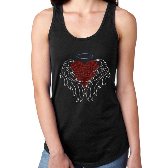 Womens T-Shirt Rhinestone Bling Black Tee Love Heart Wings Halo Angel Tank Racer Back X-Large