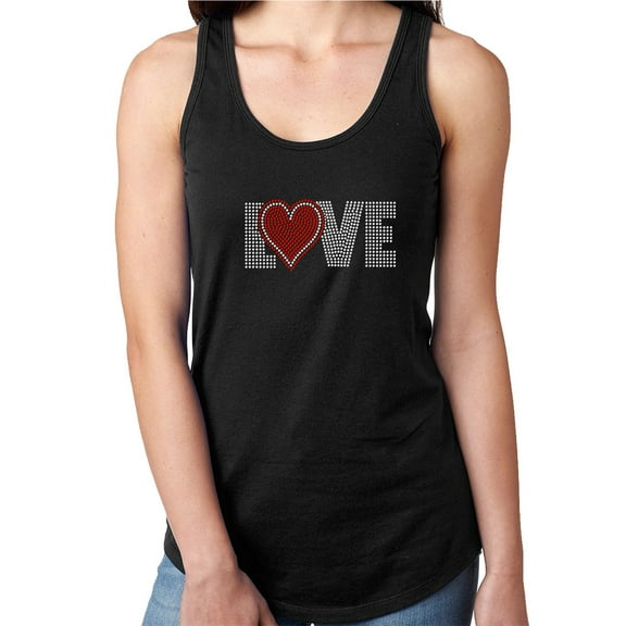 Womens T-Shirt Rhinestone Bling Black Tee Love Red Heart Sparkle Tank Racer Back Medium