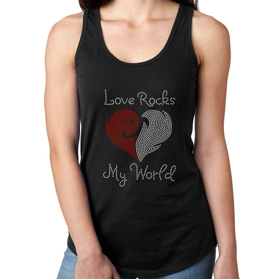Womens T-Shirt Rhinestone Bling Black Tee Love Rocks My World Heart Tank Racer Back XX-Large