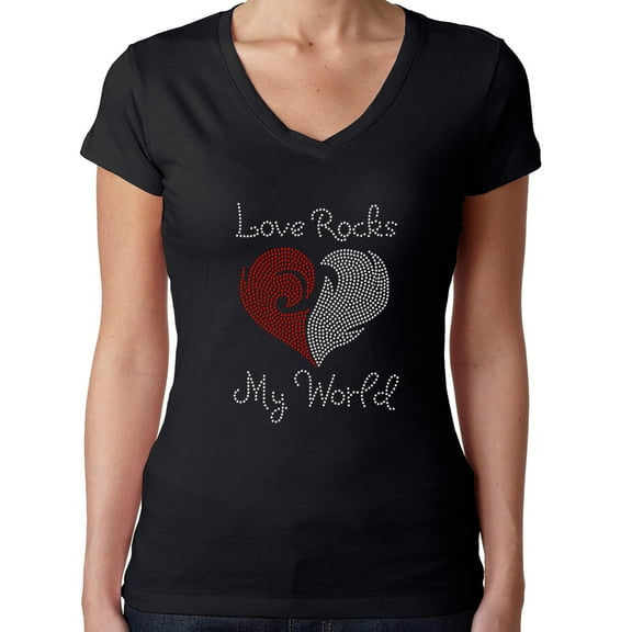 Womens T-Shirt Rhinestone Bling Black Tee Love Rocks My World Heart V-Neck Large