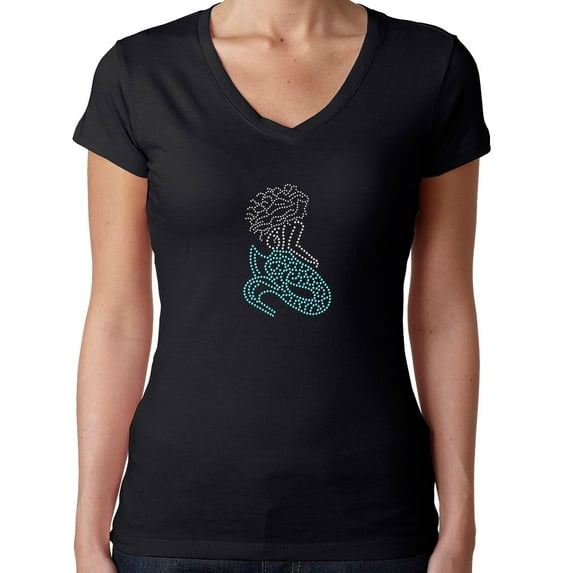Womens T-Shirt Rhinestone Bling Black Tee Mermaid Fantasy Sparkle Aqua V-Neck Medium