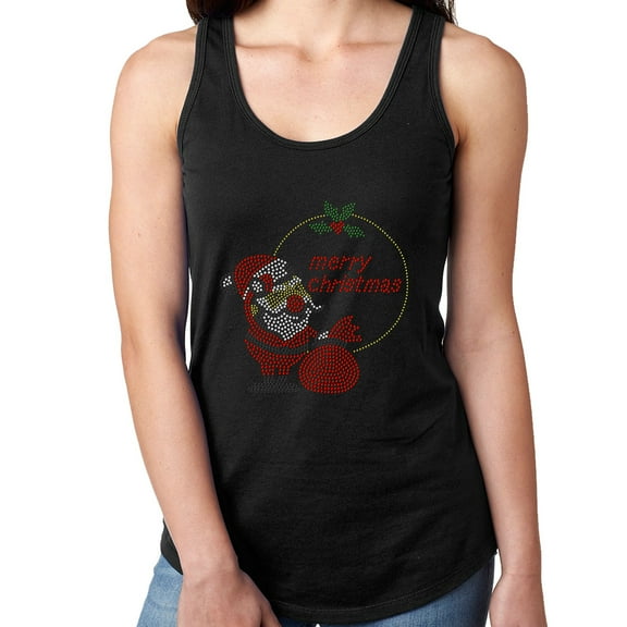 Womens T-Shirt Rhinestone Bling Black Tee Merry Christmas Santa Claus Tank Racer Back Large
