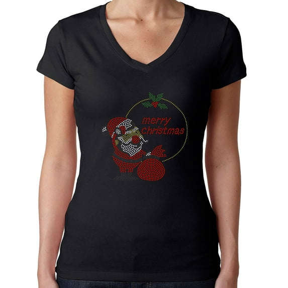 Womens T-Shirt Rhinestone Bling Black Tee Merry Christmas Santa Claus V-Neck Small