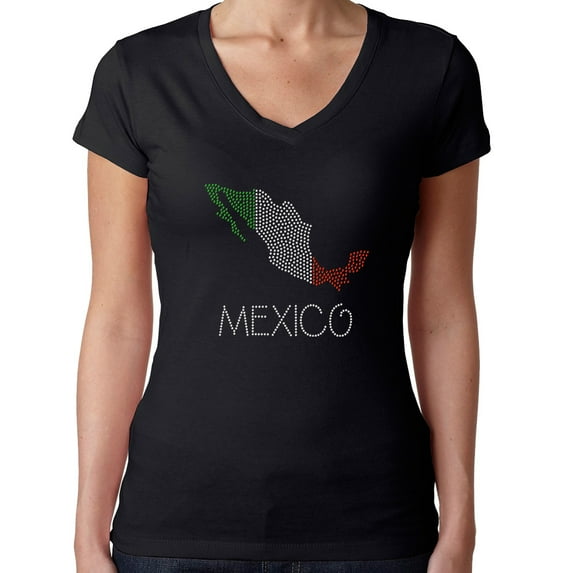 Womens T-Shirt Rhinestone Bling Black Tee Mexico Flag Map Sparkle V-Neck Medium
