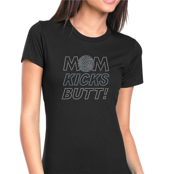 Womens T-Shirt Rhinestone Bling Black Tee Mom Kicks Butt Volleyball Crew Neck Medium