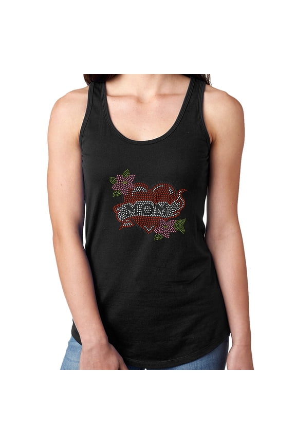 Womens T-Shirt Rhinestone Bling Black Tee Mom Red Heart Tattoo Flowers Tank Racer Back XX-Large