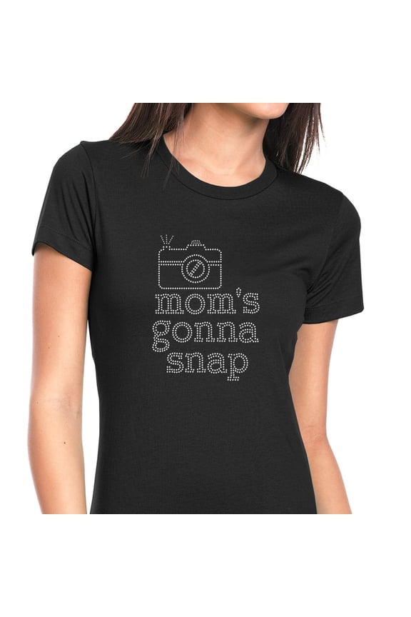 Womens T-Shirt Rhinestone Bling Black Tee Mom is Mom's Gonna Snap Crew Neck X-Large