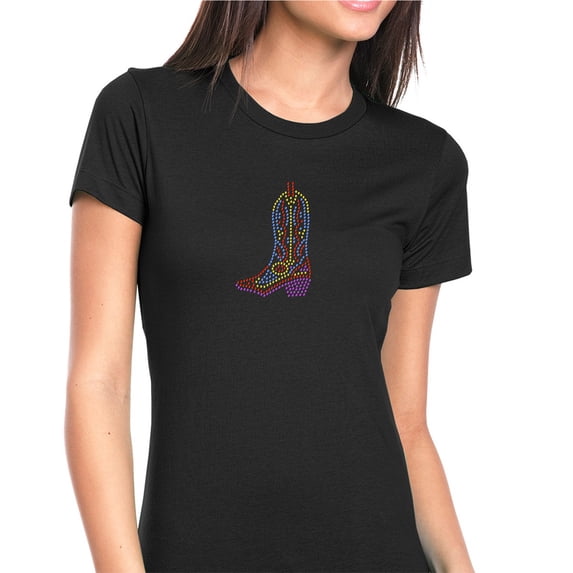 Womens T-Shirt Rhinestone Bling Black Tee Multicolor Cowgirl Texan Boot Crew Neck XX-Large