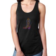 Womens T-Shirt Rhinestone Bling Black Tee Multicolor Cowgirl Texan Boot Tank Racer Back Medium