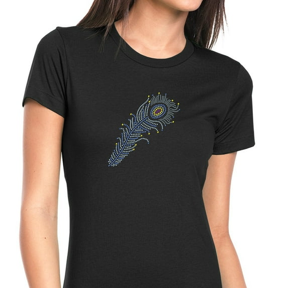 Womens T-Shirt Rhinestone Bling Black Tee Multicolor Feather Sparkle Blue Crew Neck X-Large