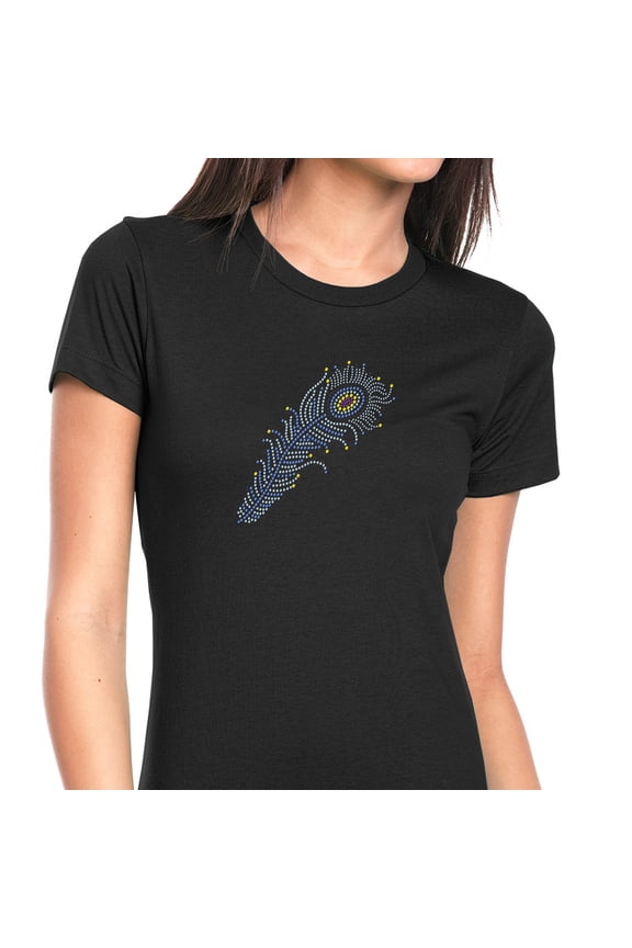 Womens T-Shirt Rhinestone Bling Black Tee Multicolor Feather Sparkle Blue Crew Neck X-Large