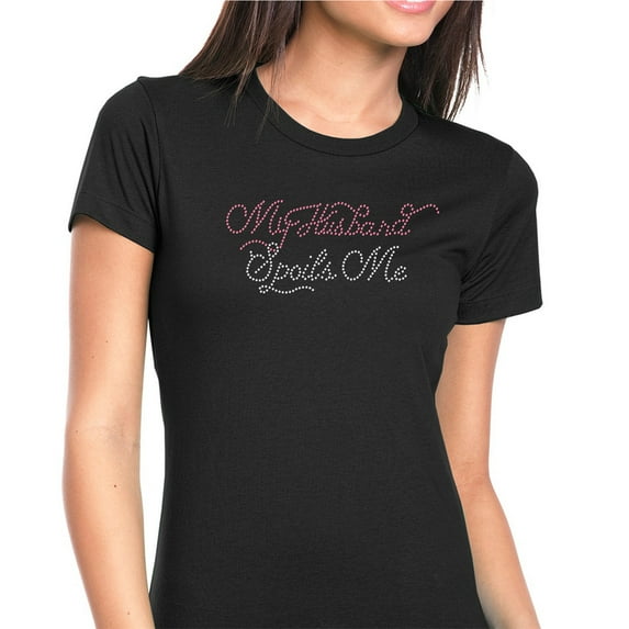 Womens T-Shirt Rhinestone Bling Black Tee My Husband Spoils Me Pink Crew Neck Medium
