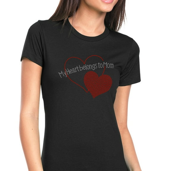 Womens T-Shirt Rhinestone Bling Black Tee My Red Heart Belongs to Mom Crew Neck Medium
