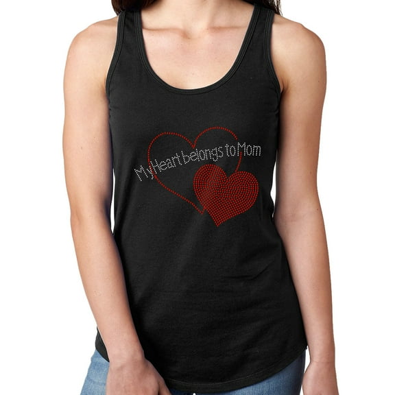 Womens T-Shirt Rhinestone Bling Black Tee My Red Heart Belongs to Mom Tank Racer Back Medium