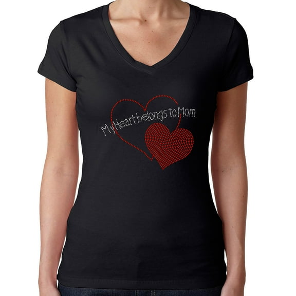 Womens T-Shirt Rhinestone Bling Black Tee My Red Heart Belongs to Mom V-Neck Medium