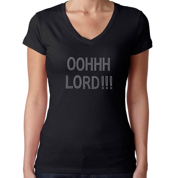 Womens T-Shirt Rhinestone Bling Black Tee OOHHH LORD!!! Funny Sparkle V-Neck Small