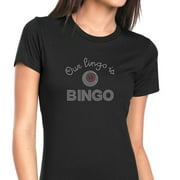 Womens T-Shirt Rhinestone Bling Black Tee Our Lingo is Bingo Pink Crew Neck Large