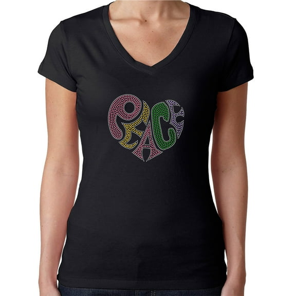 Womens T-Shirt Rhinestone Bling Black Tee Peace Heart Love Colors V-Neck XX-Large