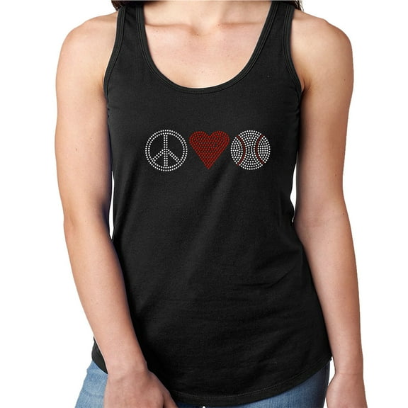 Womens T-Shirt Rhinestone Bling Black Tee Peace Love Baseball Red Heart Tank Racer Back X-Large