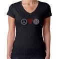 thumbnail image 1 of Womens T-Shirt Rhinestone Bling Black Tee Peace Love Baseball Red Heart V-Neck Medium, 1 of 2