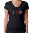 thumbnail image 1 of Womens T-Shirt Rhinestone Bling Black Tee Peace Love Baseball Red Heart V-Neck Small, 1 of 2