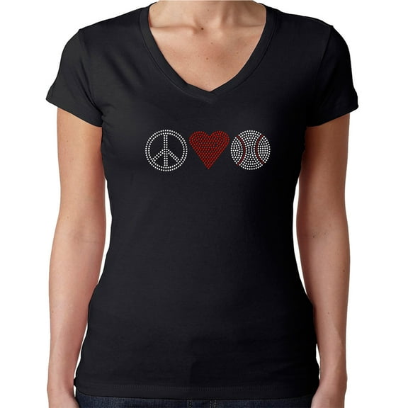 Womens T-Shirt Rhinestone Bling Black Tee Peace Love Baseball Red Heart V-Neck X-Large