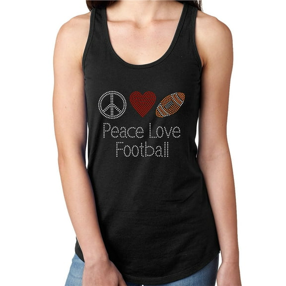 Womens T-Shirt Rhinestone Bling Black Tee Peace Love Heart Football Tank Racer Back Large