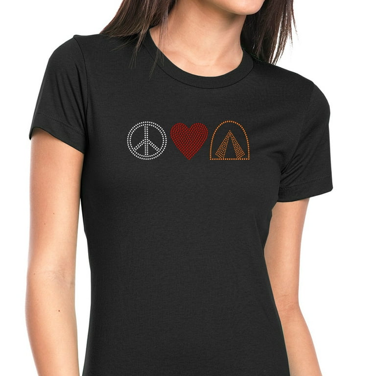 Womens T-Shirt Rhinestone Bling Black Tee Peace Sign Love Heart Camping  Crew Neck Medium