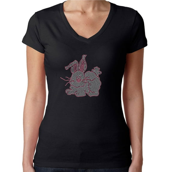 Womens T-Shirt Rhinestone Bling Black Tee Pink Cute Easter Bunny V-Neck Large